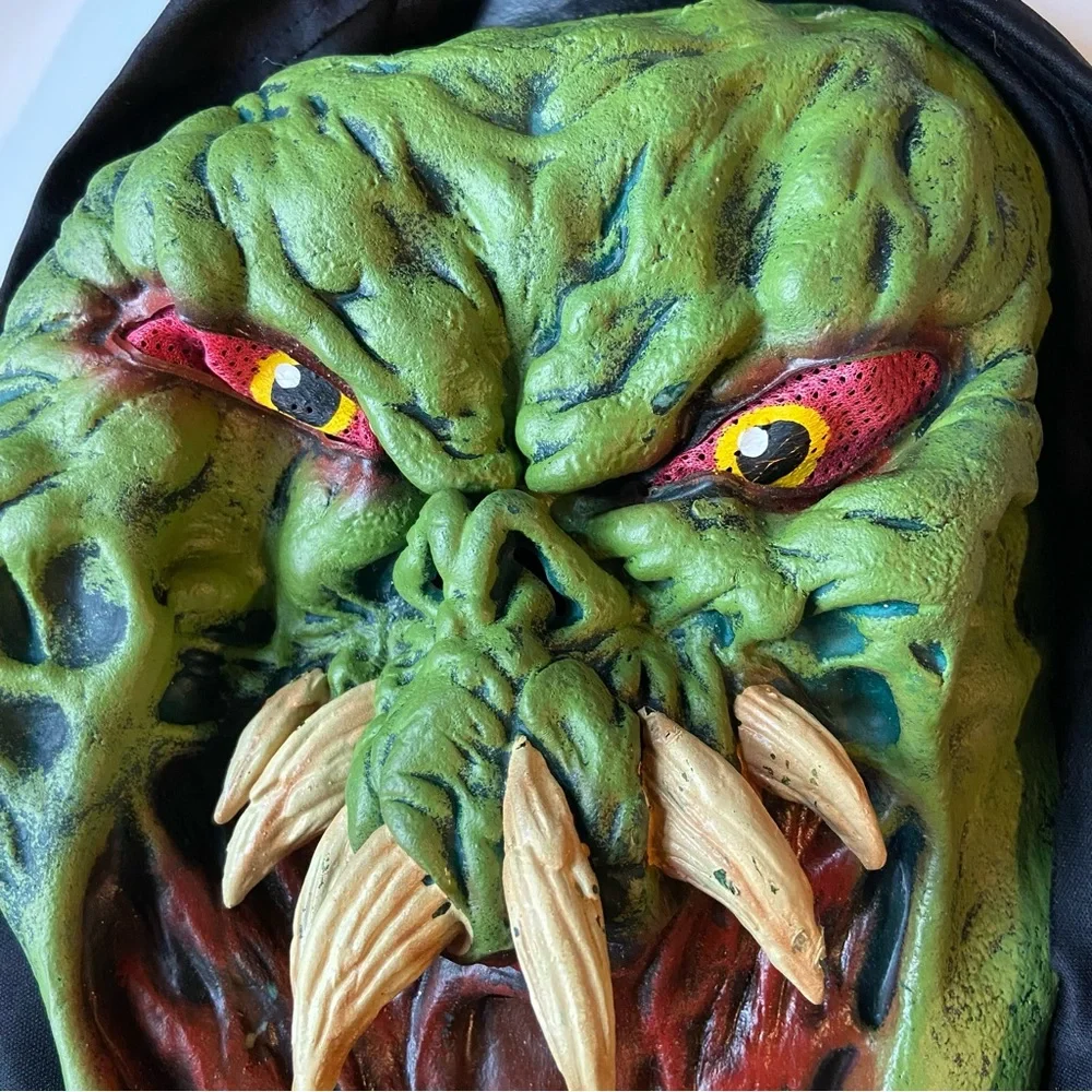 PAPER MAGIC Vintage Monster Mask 2002 Scary Green Teeth Halloween Costume Hood